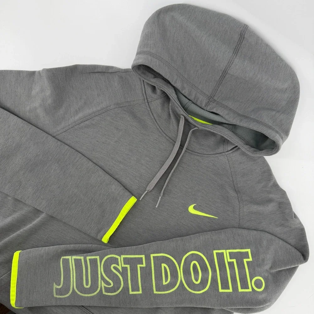 Nike Dri-FIT Pullover Hoodie Mens L Grey Neon Green Just Do It Running Gym Train